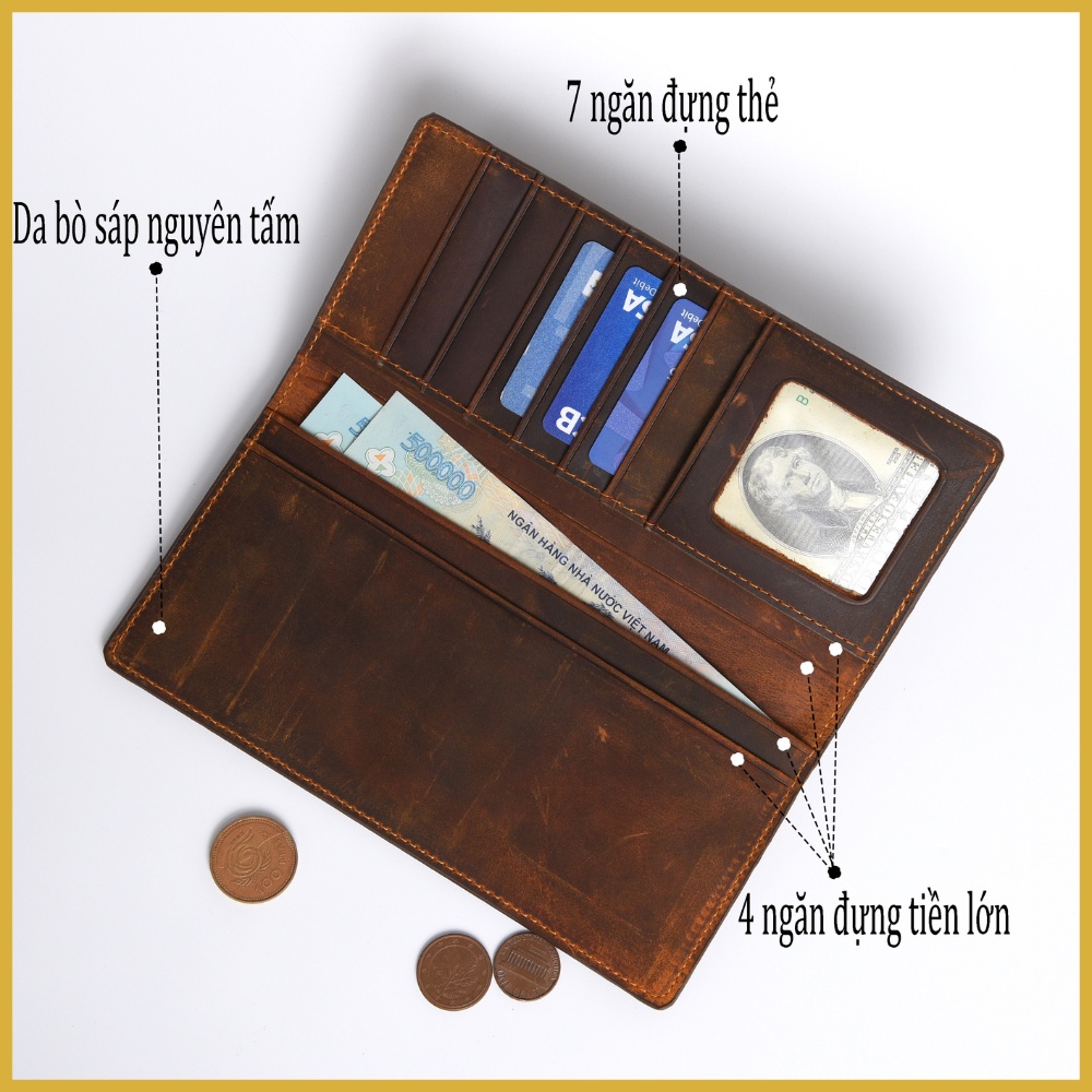 Ví da nam dài,da bò sáp TIỆM ĐỒ DA VIỆT kiểu dáng sang trọng lịch lãm VD01