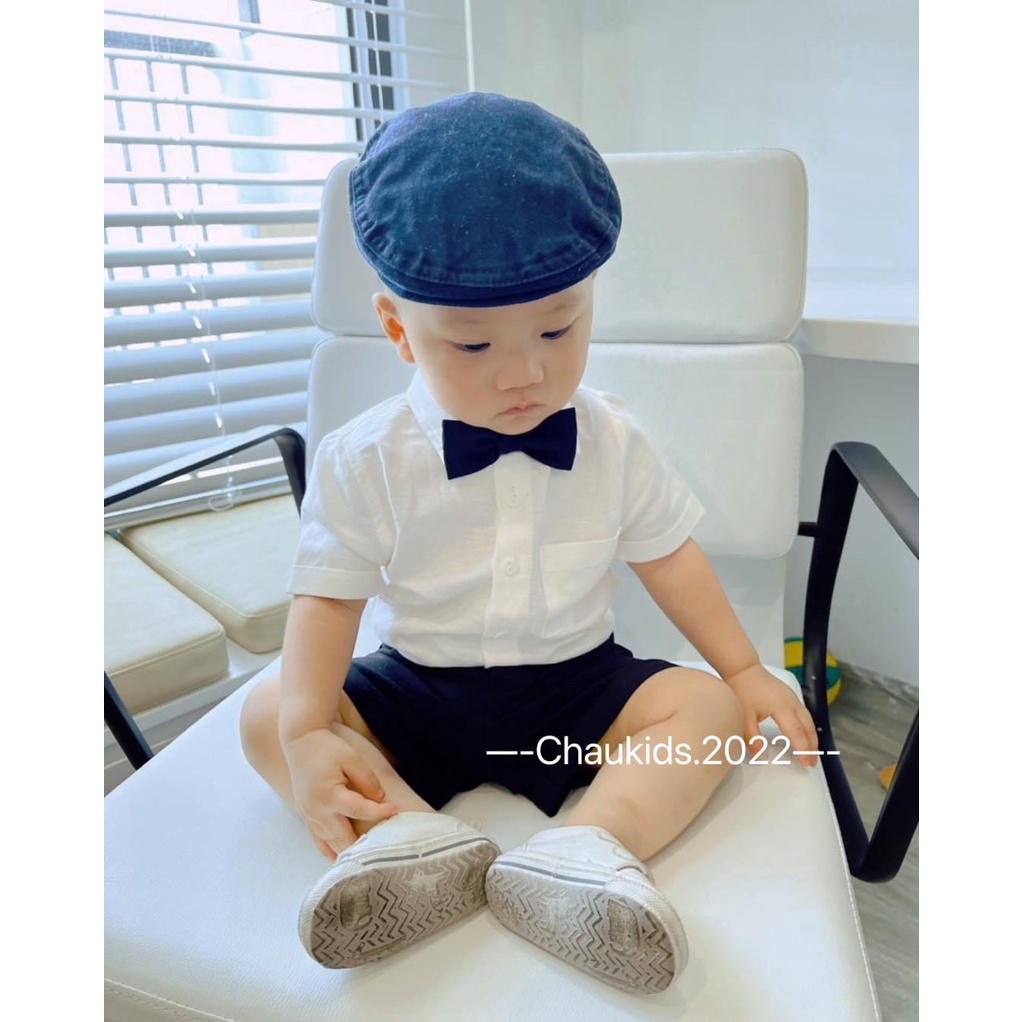 Quần áo bé trai, set 3ct công tử: áo sơ mi trắng chất thô, quần và áo gile chất đũi thấm hút mồ hôi cho bé