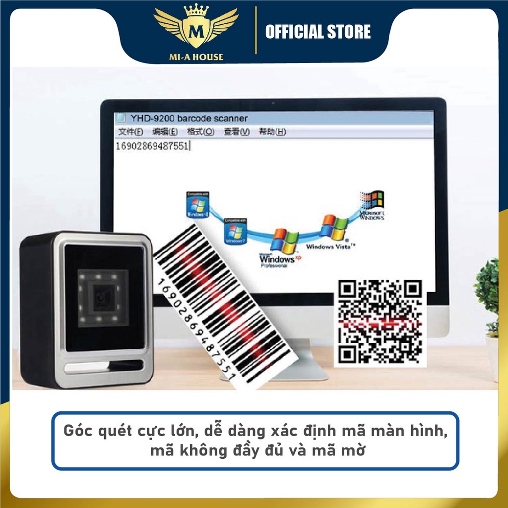 Máy đọc mã vạch để bàn YHD 9200 - Máy tít mã vạch QRCODE - dùng cho siêu thị, quầy tính tiền, kết nối qua cổng USB