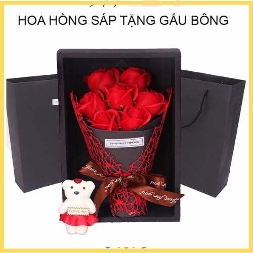 Hoa Hồng Sáp Thơm Bó 7 Bông Kèm Gấu Làm Quà Tặng Cực Lãng Mạng Có Hộp Sang Trọng Kèm Túi Đựng