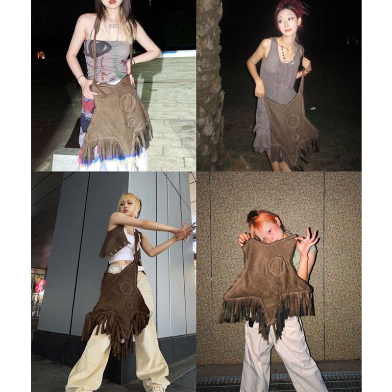 Túi Đeo Chéo Da Lộn Phối Tua Rua Vintage Phong Cách Âu Mỹ 2022