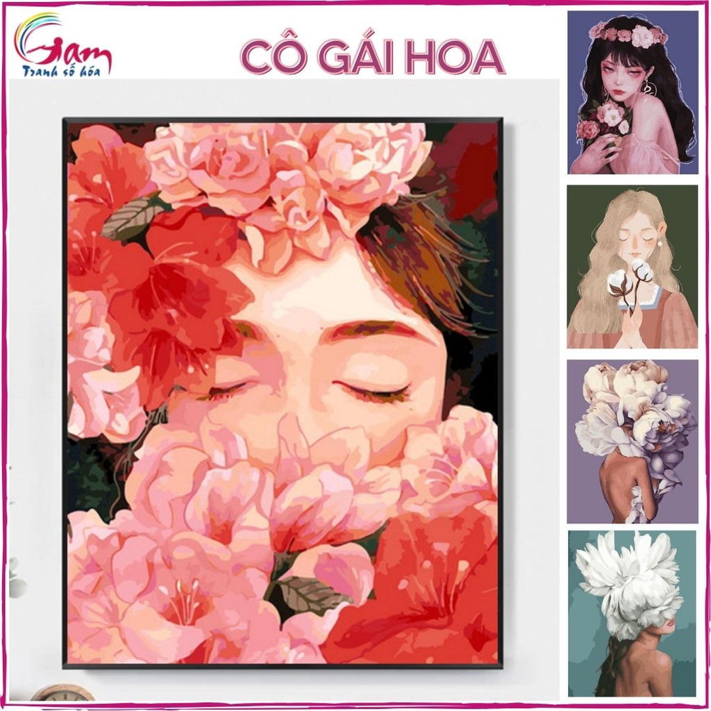Tranh Tô Màu Số Hoá Cô Gái Hoa Bắc Âu GAM Trang Trí Tự Tô Màu Cho Người Lớn Đã Căng Khung Tổng Hợp