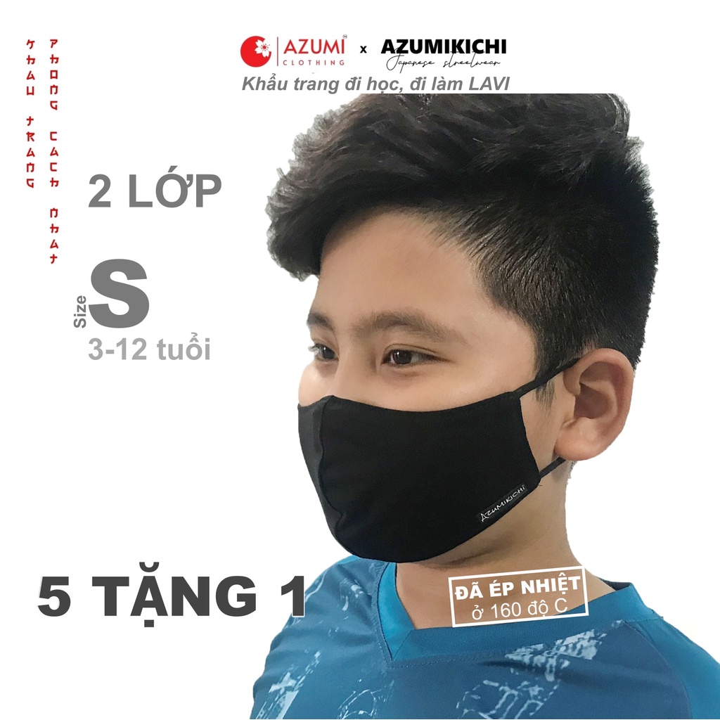 Khẩu trang vải Lavi 5 tặng 1 size nhỏ màu đen dùng cho học sinh đi học, khau trang vai 3D cho trẻ em Azumikichi A1S