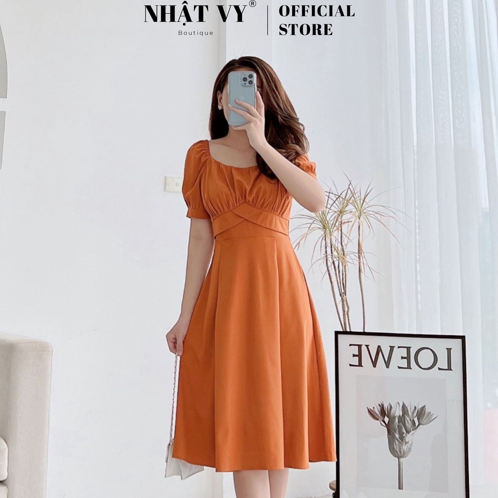 Đầm đi chơi Nhật Vy tay phồng cổ vuông nhún ngực phối dập ly chất thun dáng xoè phù hợp công sở dạo phố - D2513