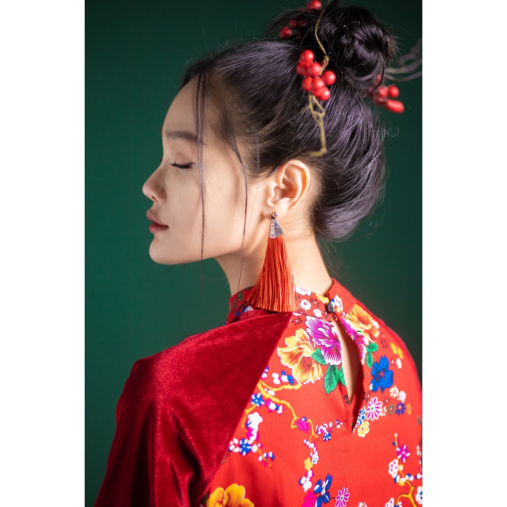 Set áo dài nhung chăn con công hoa đỏ SET125