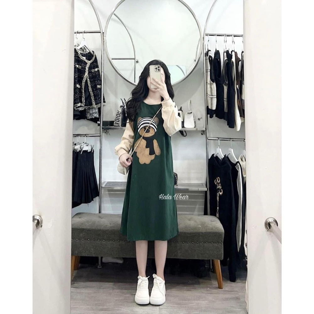 Đầm Suông Nữ Chất Cotton In Họa Tiết Váy dài Tay Hình Gấu Bông 3 Màu Thoáng Mát