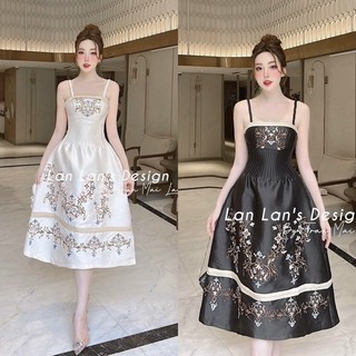 Đầm hoạ tiết độc lạ cao cấp 2 dây thắt bính thừng, váy dài đen trắng kem sang trọng quý phái tiểu thư dự tiệc sinh nhật