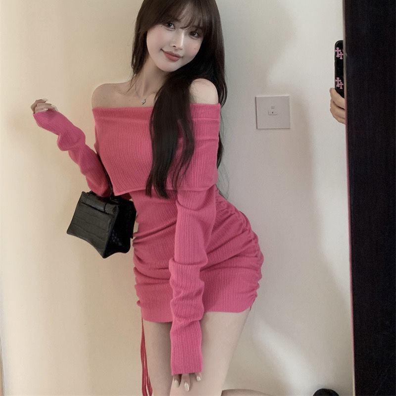 COZOK Đầm Dệt Kim Tay Dài Hở Vai Quyến Rũ Cho Nữ