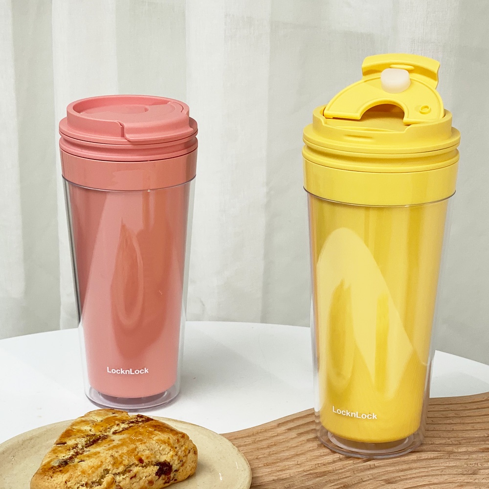 Ly nhựa 2 lớp nắp bật Lock&amp;Lock Bucket cold cup 580ml - 2 màu hồng, vàng - HAP519