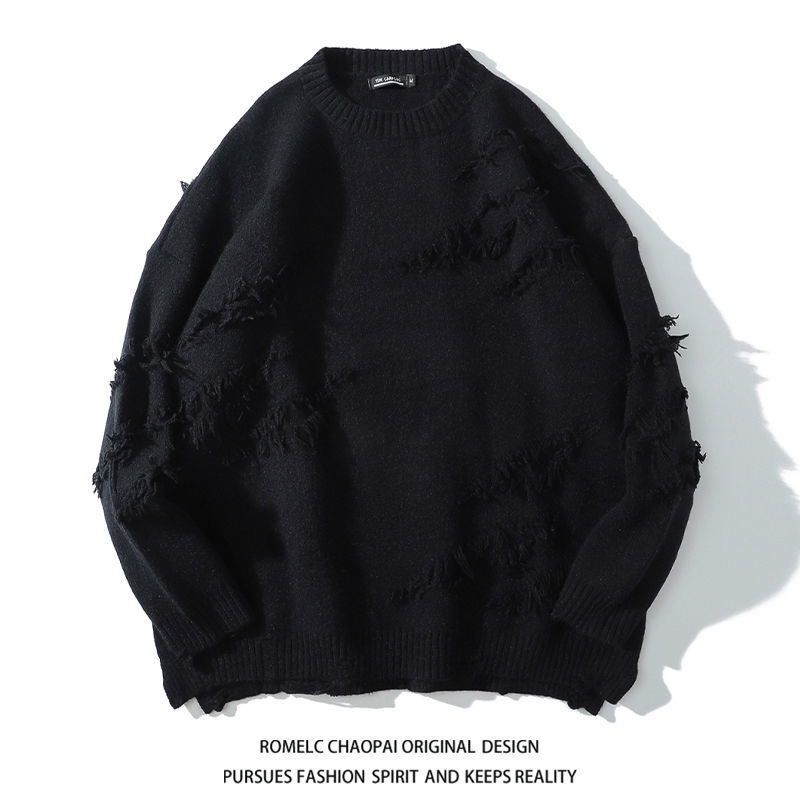 Áo Sweater Cổ Tròn Dáng Rộng Phối Rách Kiểu Hồng Kông Thời Trang Thu Đông Cho Các Cặp Đôi