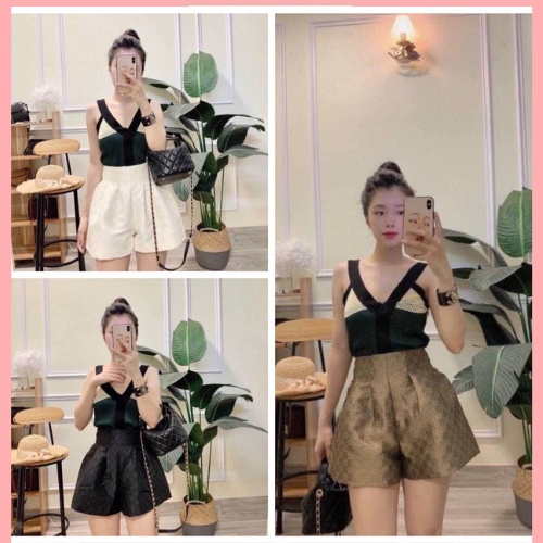 Quần đùi dáng phồng nữ họa tiết Lv dệt nổi hàng quảng châu chất gấm siêu đẹp