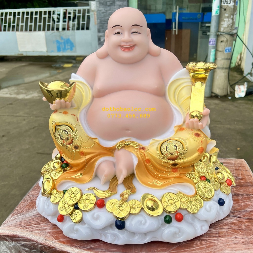 Tượng phật di lặc cầm thỏi vàng bằng đá nhập khẩu cao 34cm màu vàng ( Di Lặc Tôn Phật )
