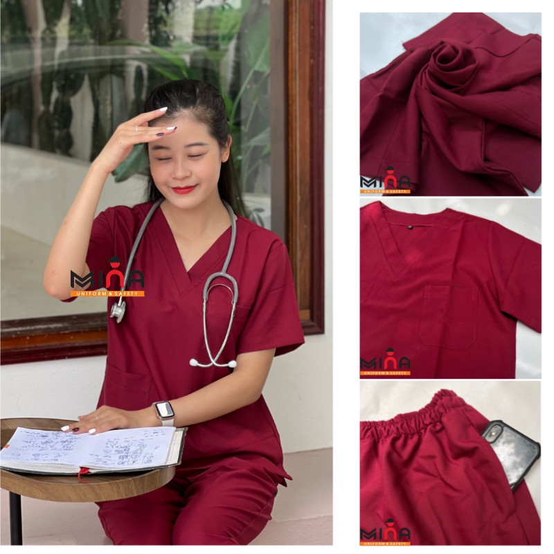 Bộ scrubs bác sĩ, quần áo y tế phẫu thuật - Màu Đỏ đô VẢI CAO CẤP (Có hình ảnh thực tế)
