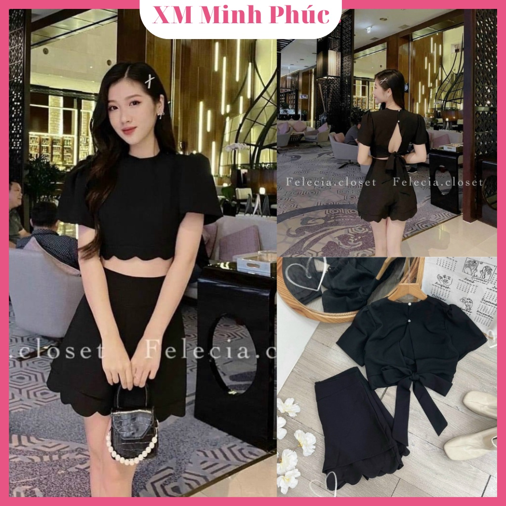 Set đồ nữ bộ đùi cột nơ Minh Phúc set áo croptop hở lưng phối quần đùi giả váy màu đen xinh xắn phù hợp đi chơi, đi dạo