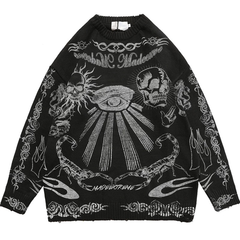Xiabao Áo Sweater Dệt Kim Tay Dài Chui Đầu Hình Bọ Cạp Phong Cách Gothic Harajuku Unisex Oversize
