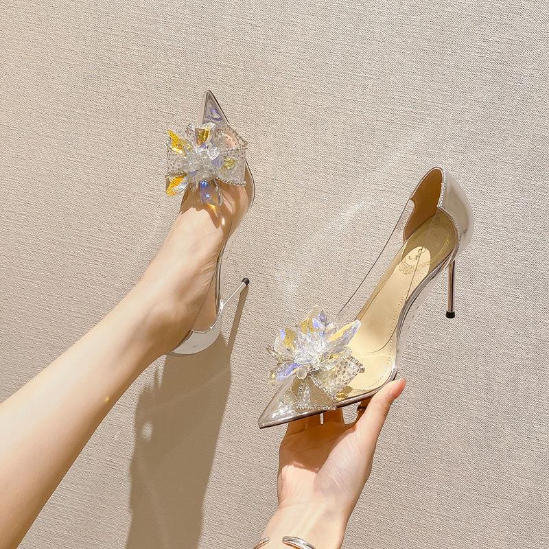 Giày Cao Gót Mũi Nhọn Đính Đá Pha Lê Trong Suốt Thời Trang Mùa Hè Cho Nữ