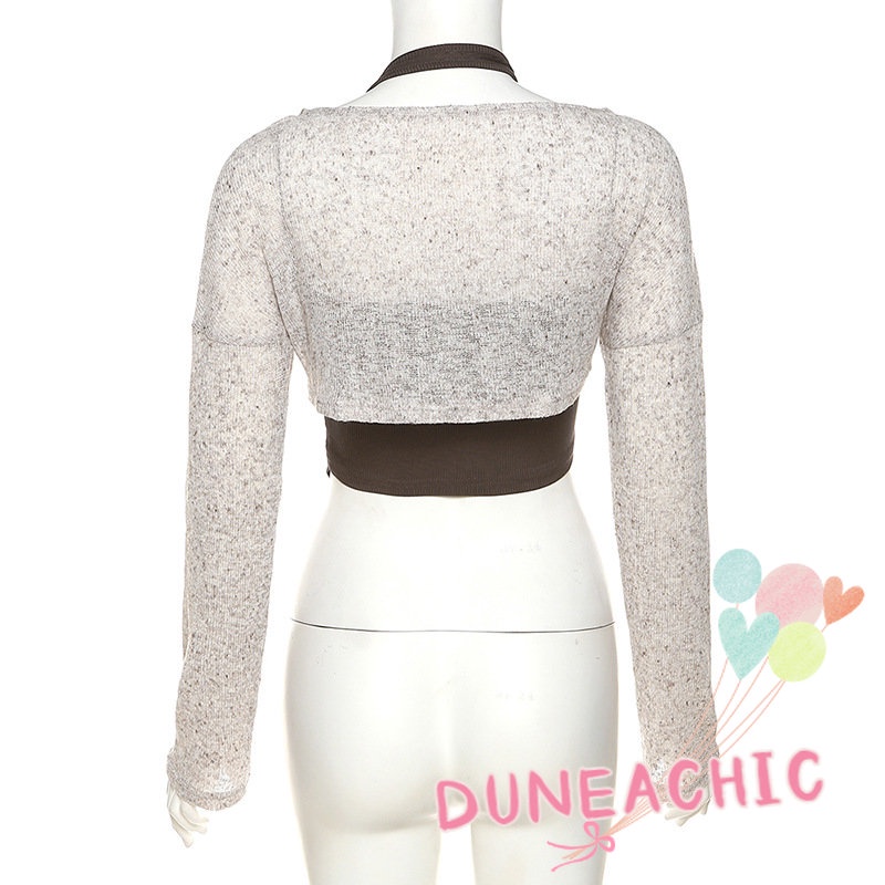 DUNEA Áo Dây Rút Tay Dài Cổ Chữ V + Áo Tank Top Không Đối Xứng Thời Trang Cho Nữ