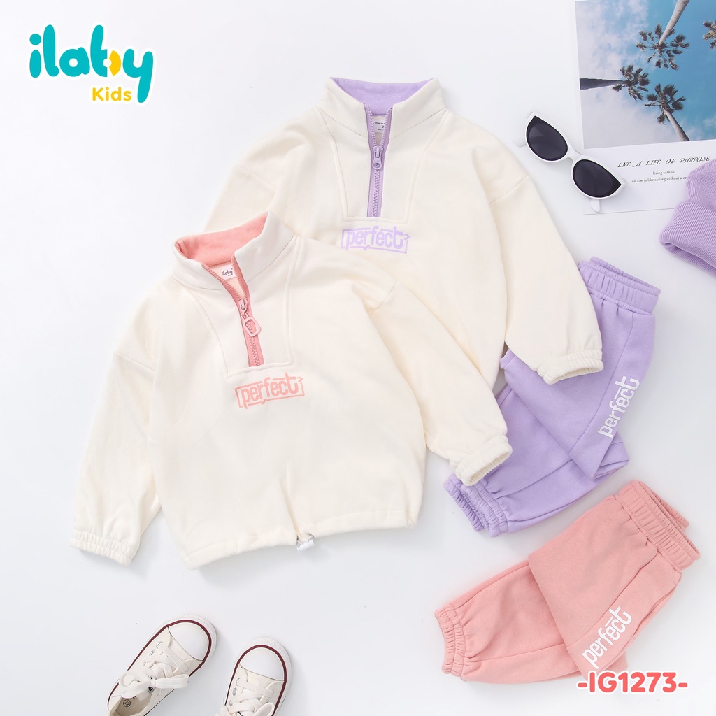 Bộ nỉ dài tay bé gái ILABY cổ cao phối khoá chất liệu nỉ bông
