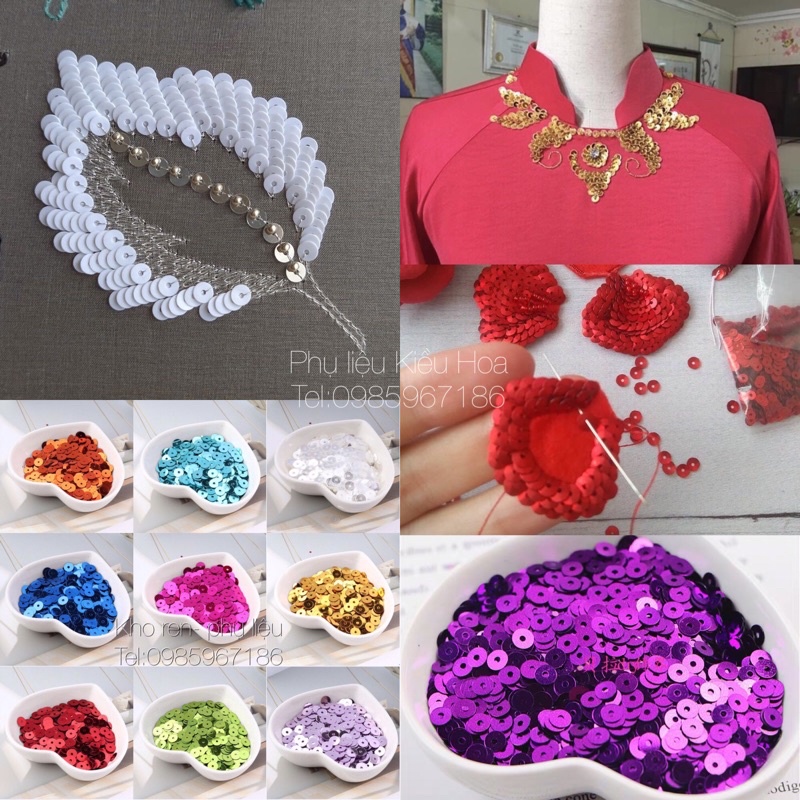 Vảy kim sa thẳng lỗ giữa đính áo, kết hoa
