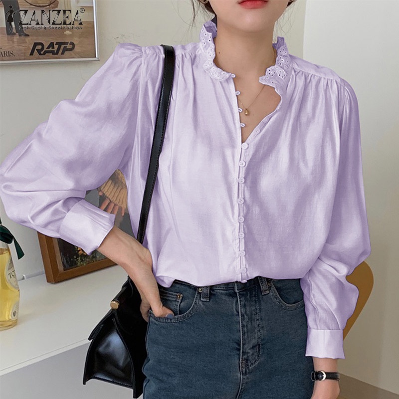 Áo sơ mi nữ ZANZEA tay dài cổ đứng viền ren thời trang Hàn Quốc
