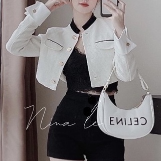 Áo khoác dạ trắng tweet cổ tàu lé đen phong cách phối sooc - chân váy
