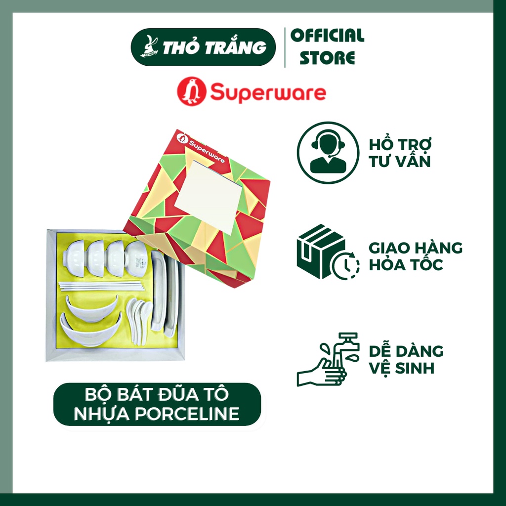 Bộ bát đũa tô nhựa Porceline Thái Lan Cao Cấp bộ 2, 4 người ăn, có hộp quà thích hợp làm quà tặng Tết