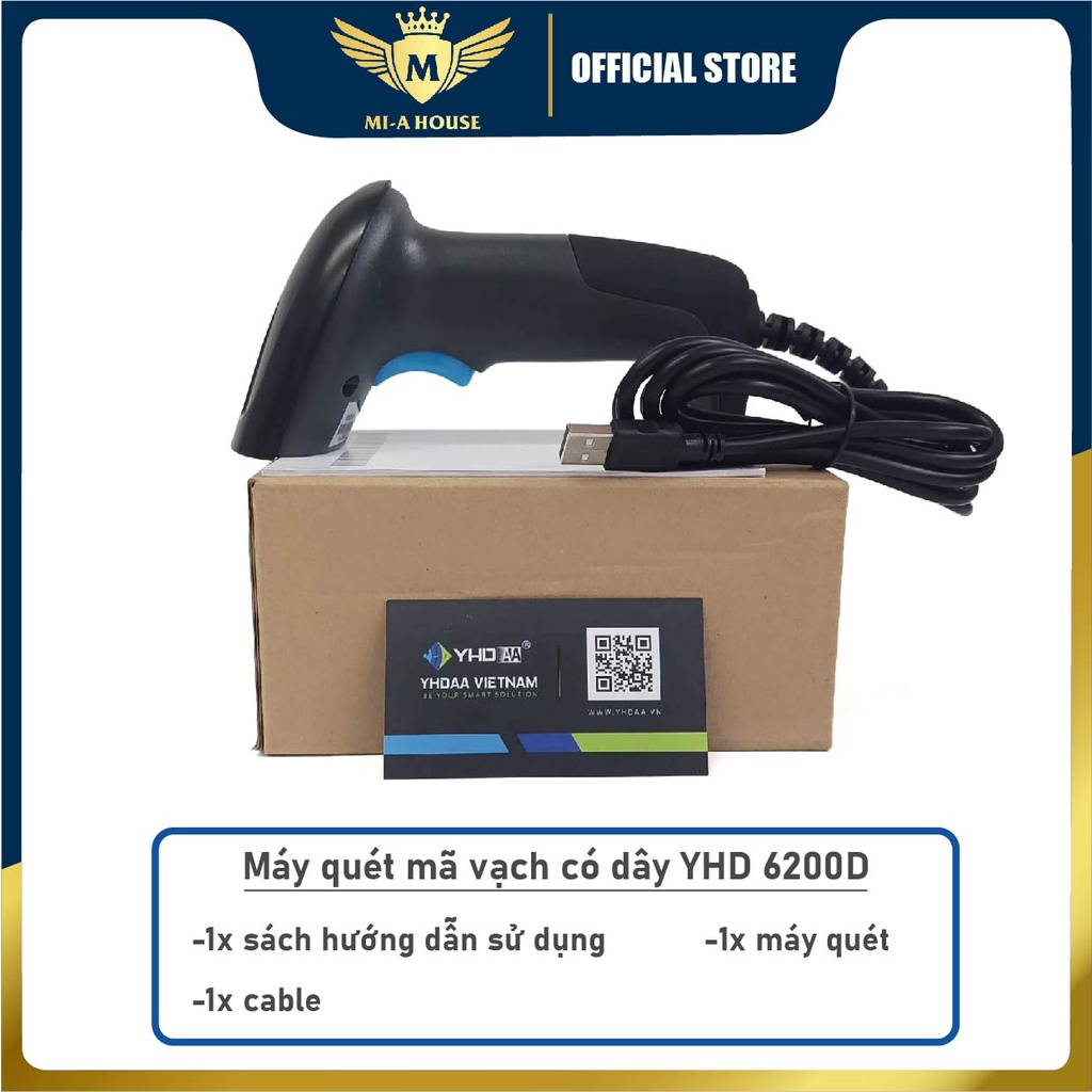 Máy quét mã vạch 2D YHD 6200D có dây, Đầu đọc mã vạch Barcode(1D) Qrcode(2D), Máy đọc mã vạch dùng trên Máy tính, Laptop