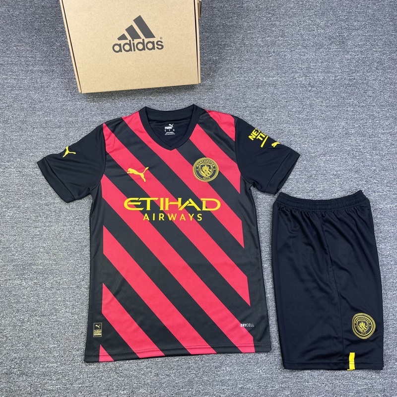 Quần áo bóng đá,đá banh clb Manchester City sân khách-set áo quần đá bóng man city đỏ đen chất vải cao cấp aobonda999.vn