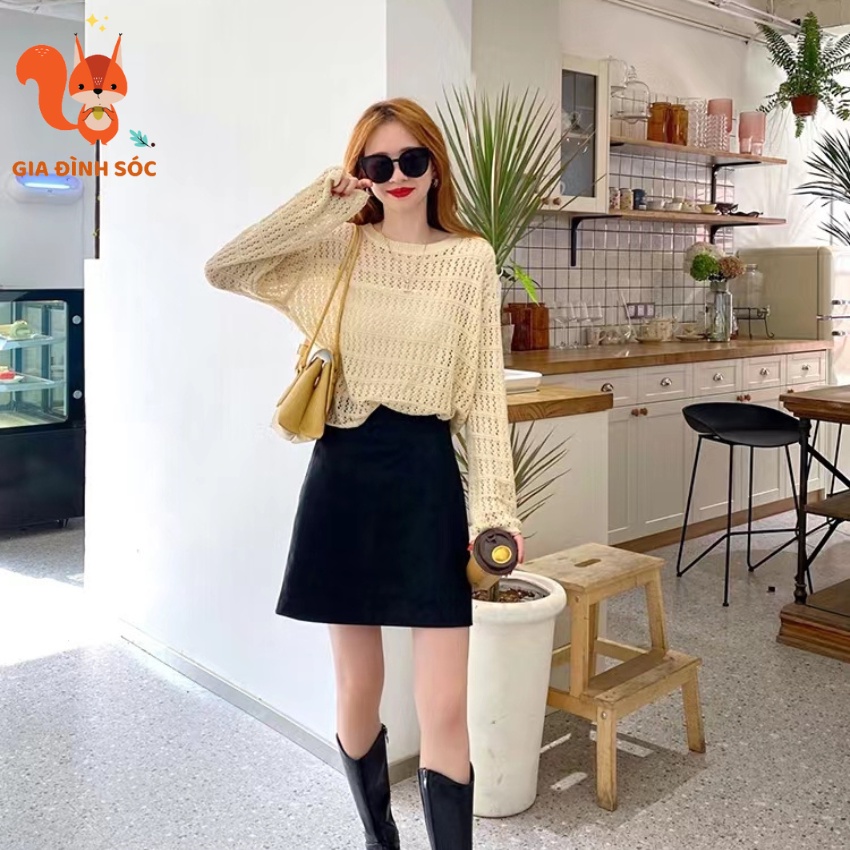 Áo Sweater dệt kim mỏng tay dài, dáng rộng phong cách Hàn Quốc