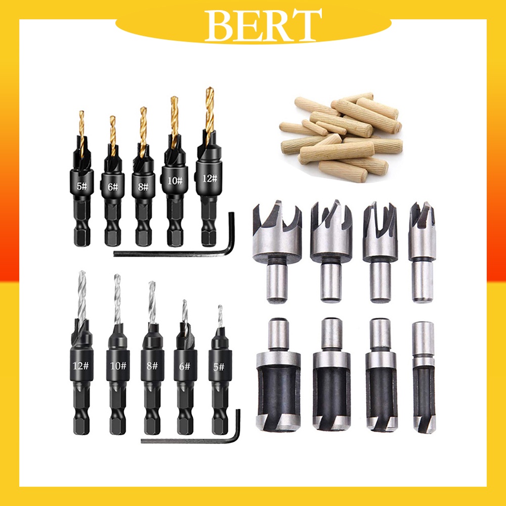 BERT 🇻🇳 ｜ 20PCS Bộ máy cắt cắm gỗ Bộ đếm mũi khoan Bộ đếm mũi khoan bằng thép carbon chuôi tròn & mũi khoan thuôn nhọn Bộ dụng cụ chế biến gỗ