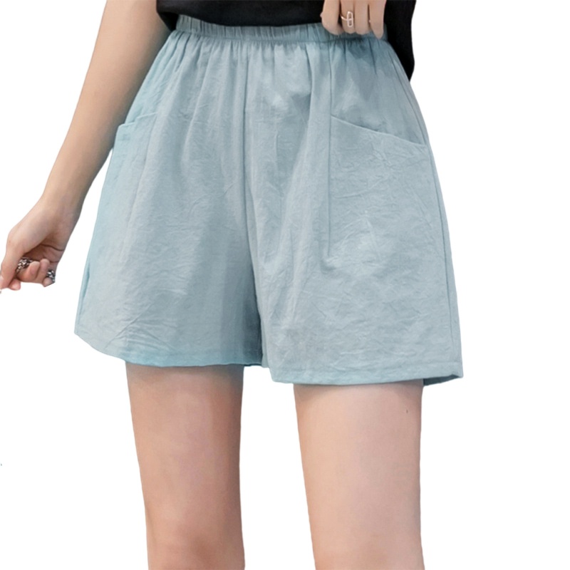 Quần Short Nữ Lưng Cao Ống Rộng Màu Trơn Chất Liệu Vải Lanh Cotton