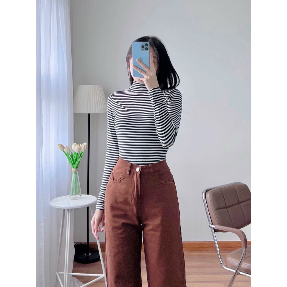 Áo thun nữ sọc ngang thân dài tay dài cổ lọ ôm body-34dcStyle