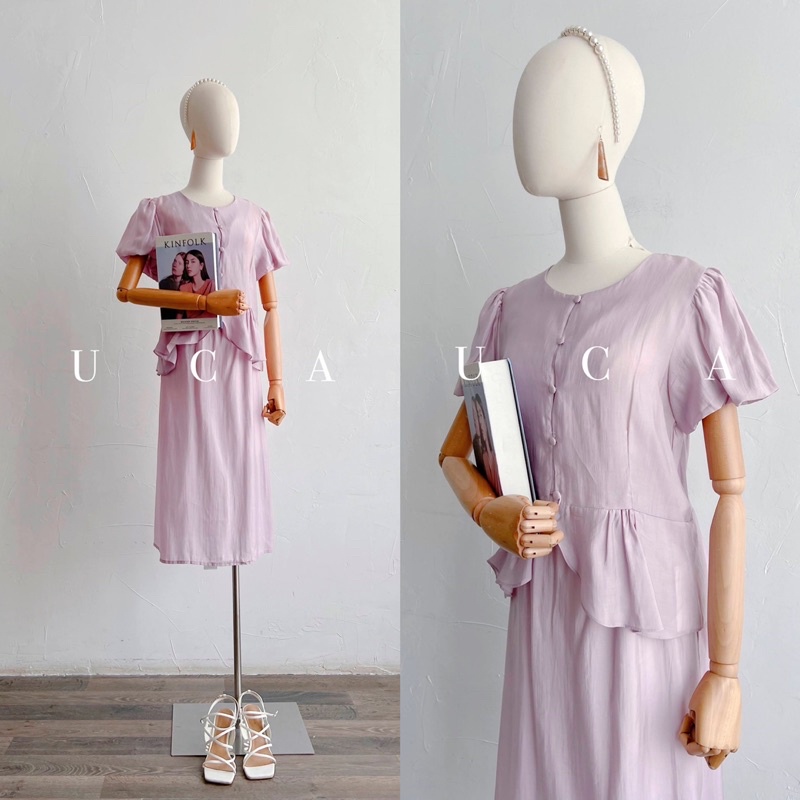 Váy set cici tím hồng: áo cổ tròn tay bồng cộc, chân váy a dài cùng màu