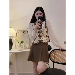 Áo len thổ cẩm phối voan lụa tay bồng