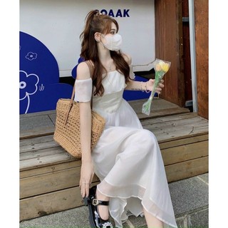 ĐẦM MIDI VAI TRẮNG VOAN BÈO CỘT DÂY