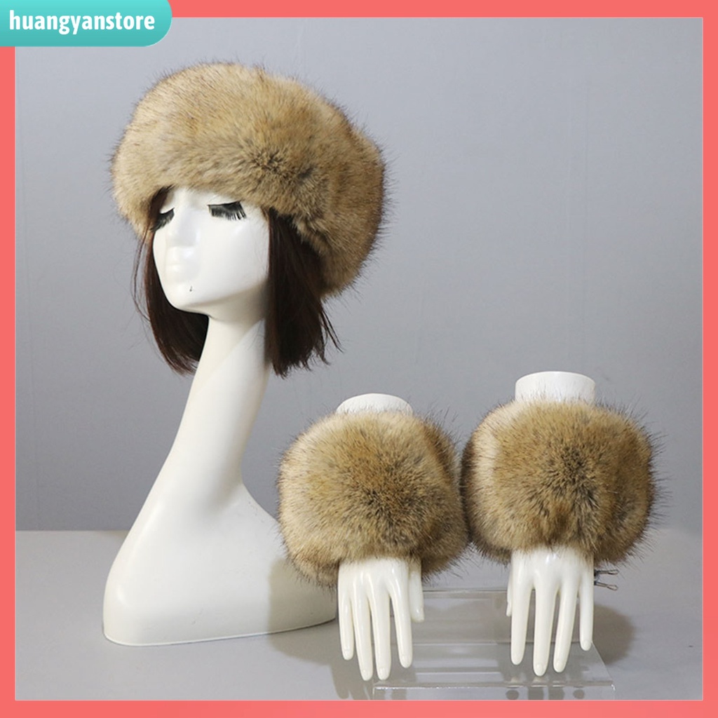 HY| 1 Set Băng Đô + Găng Tay Hở Ngón Phối Lông Giả Màu Sắc Trơn Thời Trang Cho Nữ