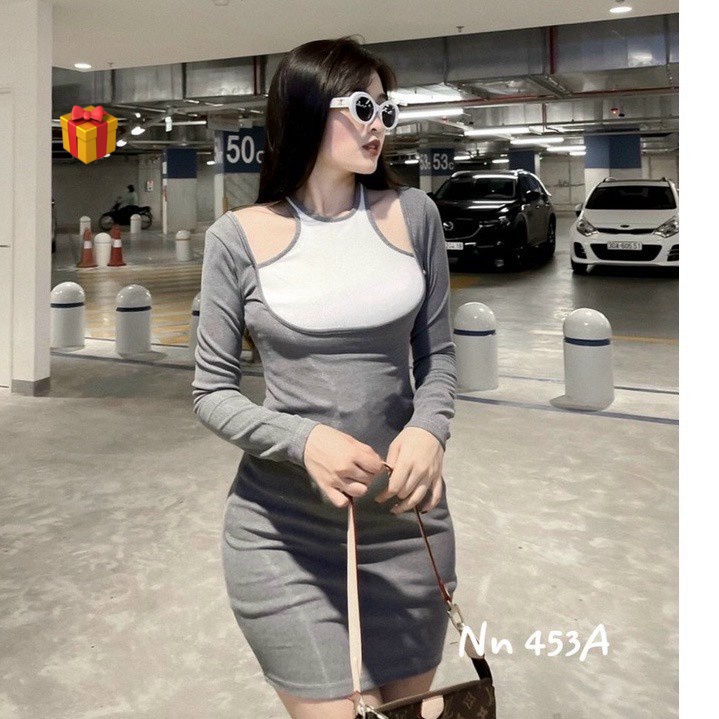 Đầm tay dài phối 2 màu kiểu yếm cổ ôm body ngắn cực sexy , chất thun gân mềm mát