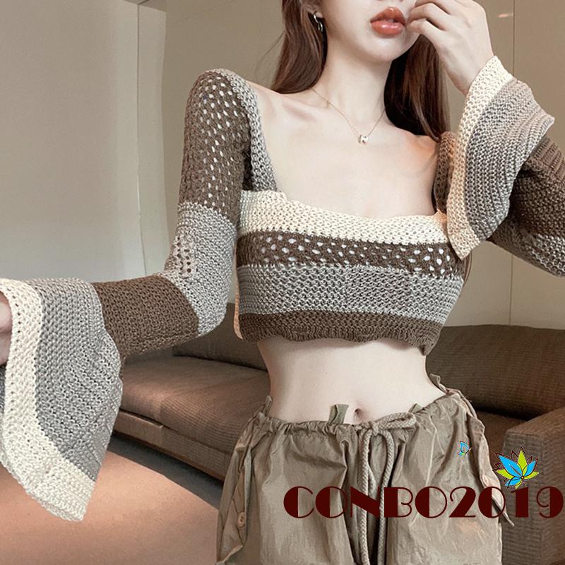 Áo Thun Tay Dài Dệt Kim Màu Sắc Tương Phản Thời Trang Dành Cho Nữ