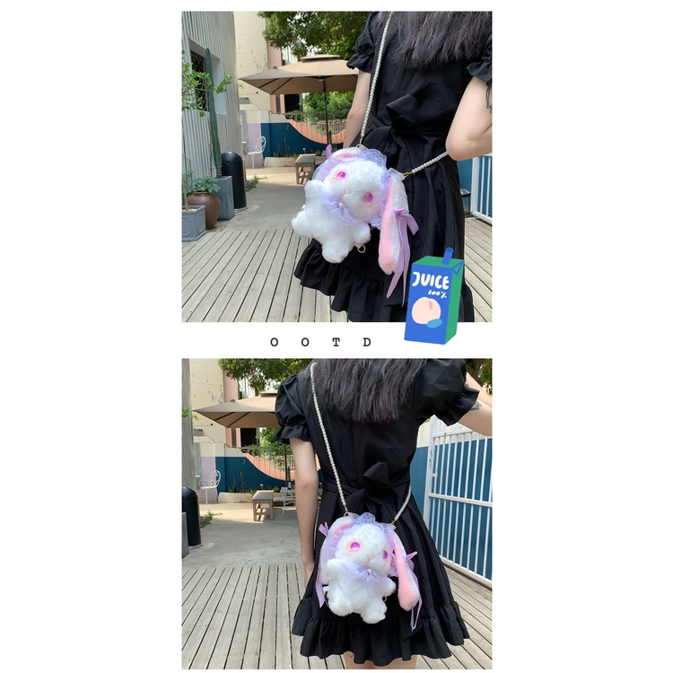 Túi Đeo Chéo Hình Thỏ Nhồi Bông Phối Dây Xích Đính Ngọc Trai Phong Cách Lolita Nhật Bản Dễ Thương