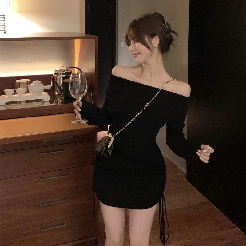 COZOK Đầm Dệt Kim Tay Dài Hở Vai Quyến Rũ Cho Nữ