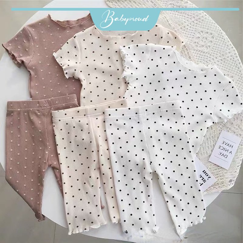Bộ đồ ngủ áo tay ngắn phối quần dài vải cotton họa tiết chấm bi BABEPROUD kiểu Hàn Quốc dễ thương cho bé gái 1-7 tuổi