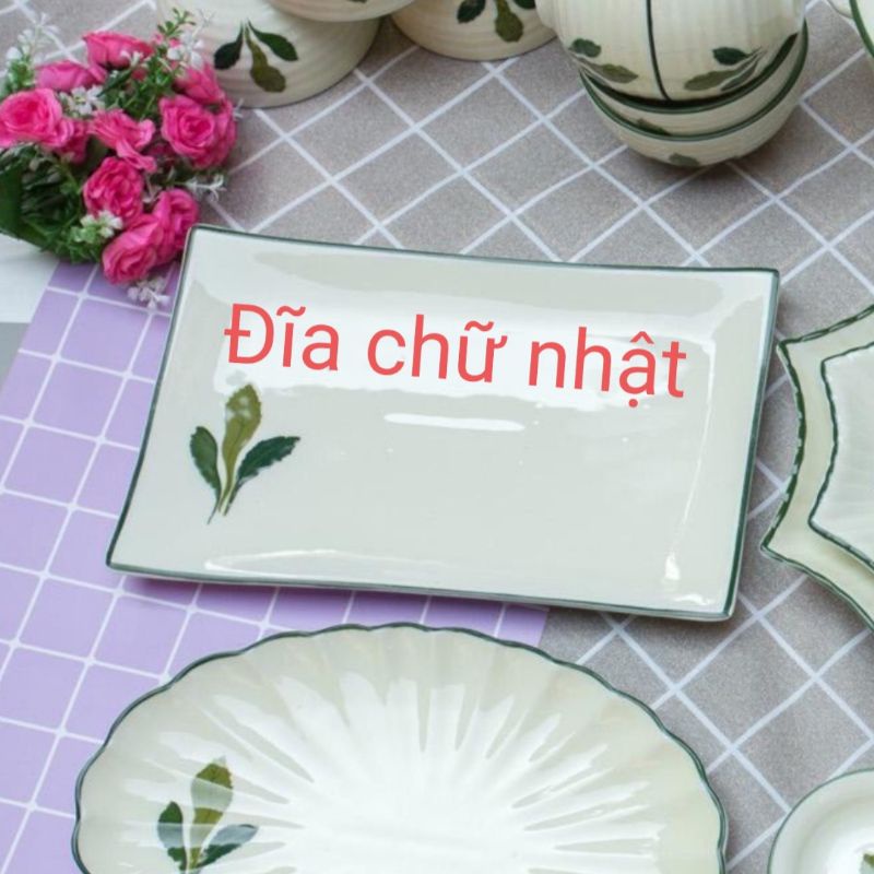Bán lẻ bát đĩa vẽ ngò gai men kem.Hàng sứ Bát Tràng.