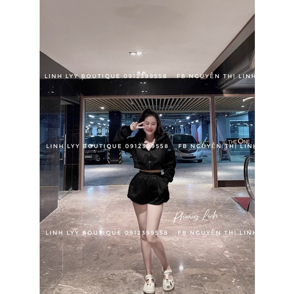 Bộ áo croptop mũ phối quần sooc đi phố