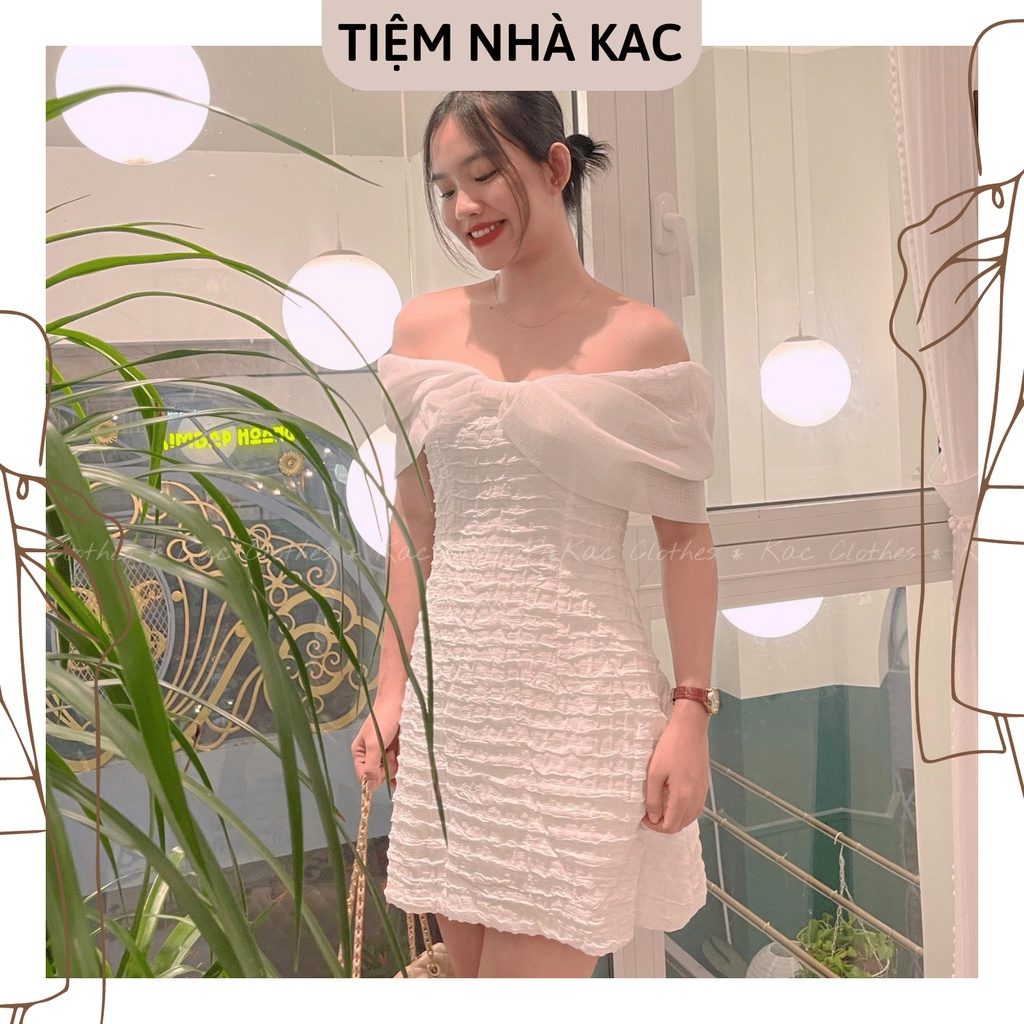 Đầm Nữ Thiết Kế Trễ Vai Dáng Xòe Xoắn Nơ Voan Ngực Phối Xốp 2 Màu Bacsic Cao Cấp ,Có Sẵn Tiệm Nhà Kac