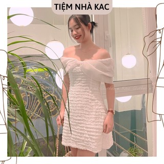 Đầm Nữ Thiết Kế Trễ Vai Dáng Xòe Xoắn Nơ Voan Ngực Phối Xốp 2 Màu Bacsic Cao Cấp ,Có Sẵn Tiệm Nhà Kac
