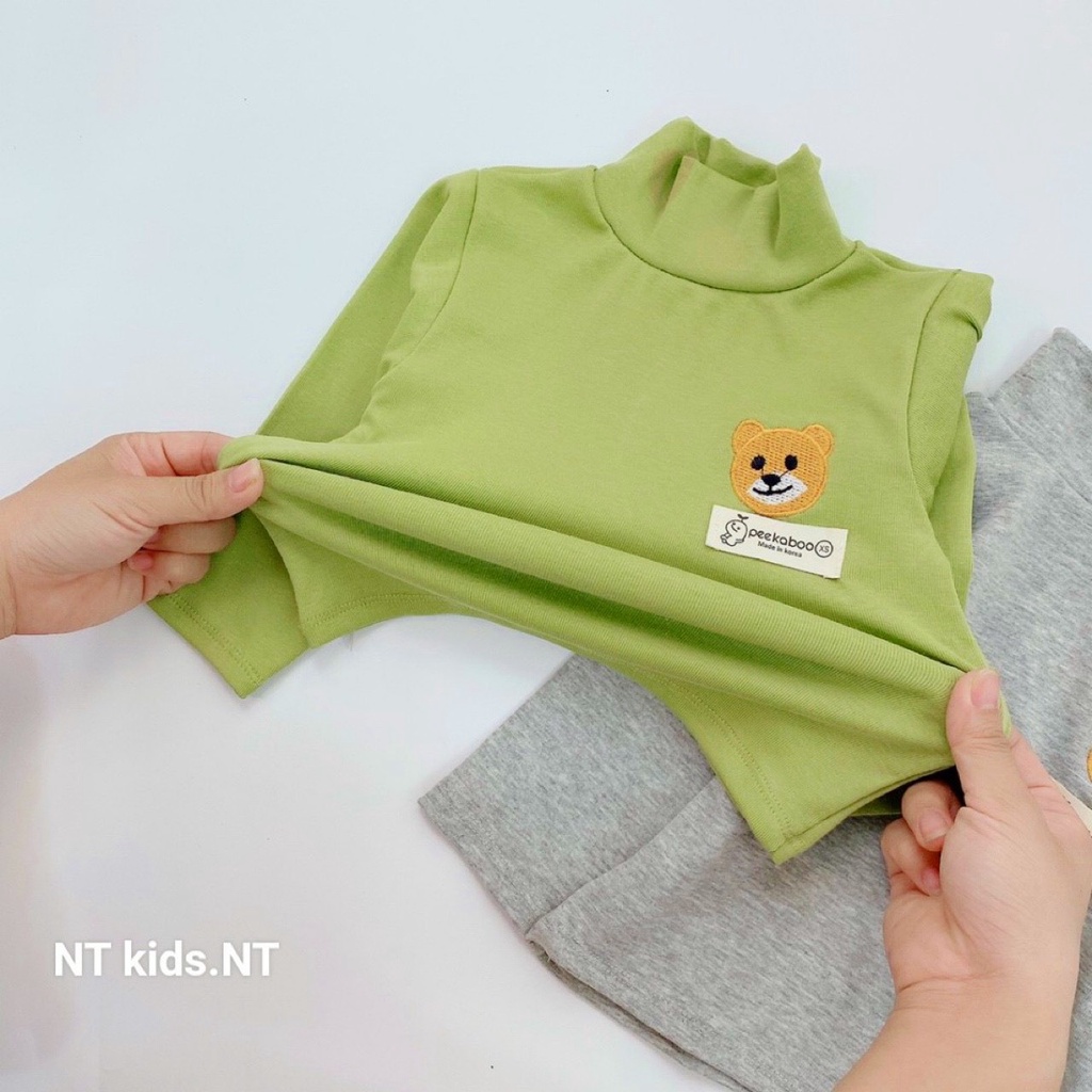 Áo giữ nhiệt cho bé cổ cao 3 phân chất cotton len co giãn 4 chiều mềm mại áo dài tay trẻ em thêu hình gấu dễ thương