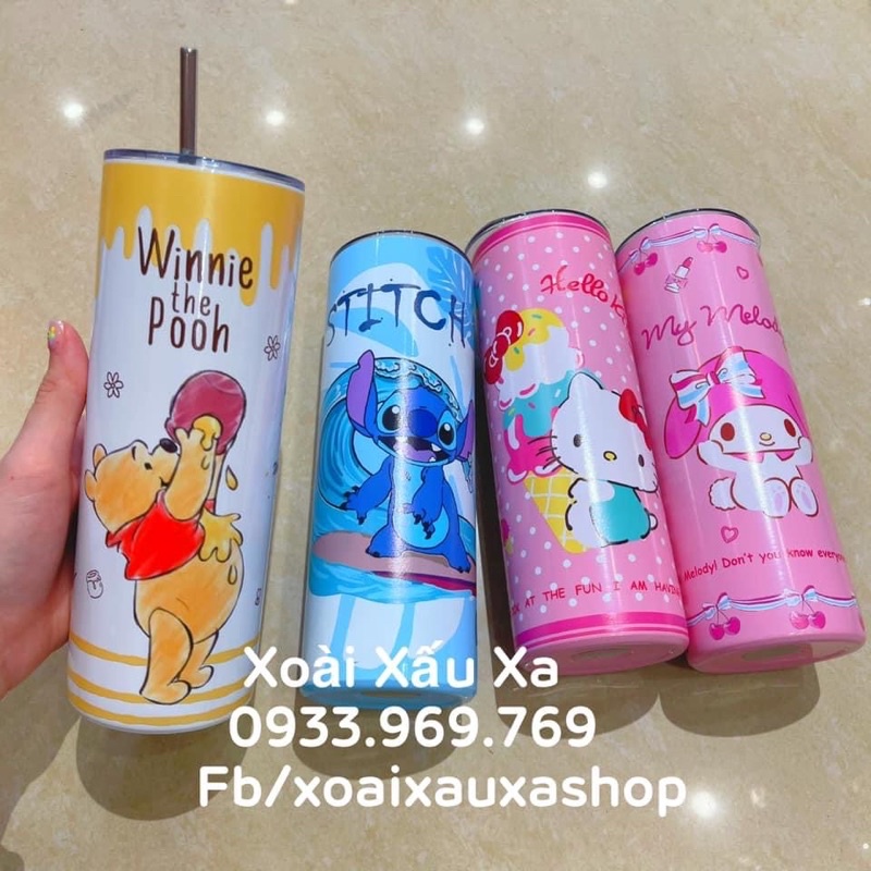 ly nước inox giữ nhiệt hoạt hình stitch, pooh, kitty, melody kèm ống hút inox