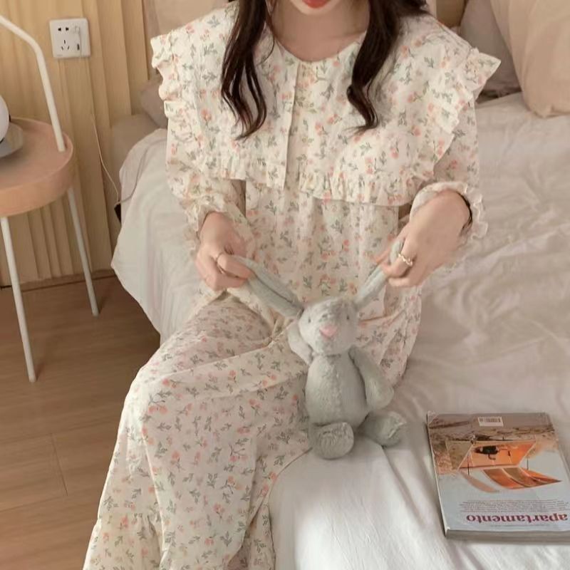 Đầm Ngủ Tay Dài Viền Bèo In Họa Tiết Hoa Hồng Ngọt Ngào Phong Cách Hàn Quốc Thời Trang Xuân Thu Mới Cho Nữ