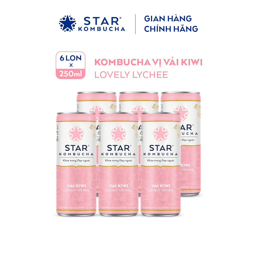 Lốc 6 lon trà STAR KOMBUCHA Vải Kiwi / Lovely Lychee (250ml/lon) - Trà lên men vi sinh chứa probiotics bảo vệ sức khoẻ
