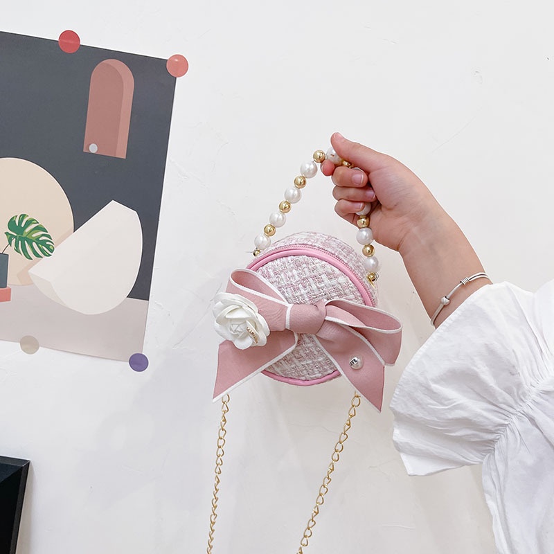 Bololo Túi Đeo Chéo Hình Tròn Nhỏ Đính Ngọc Trai Dễ Thương Phong Cách Hàn Quốc Cho Bé Gái